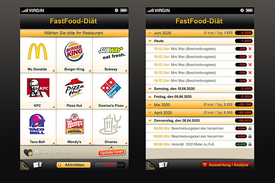 Screendesign einer App zur Ermittlung der täglichen Kalorienaufnahme