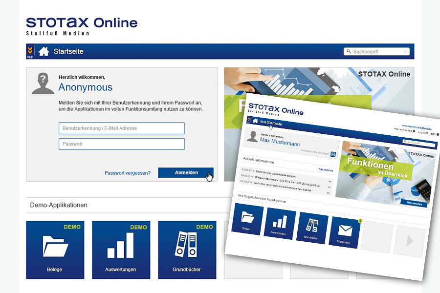 Gestaltungsentwurf des Stotax-Online-Portals im Demo-Modus und mit personalisierten Inhalten